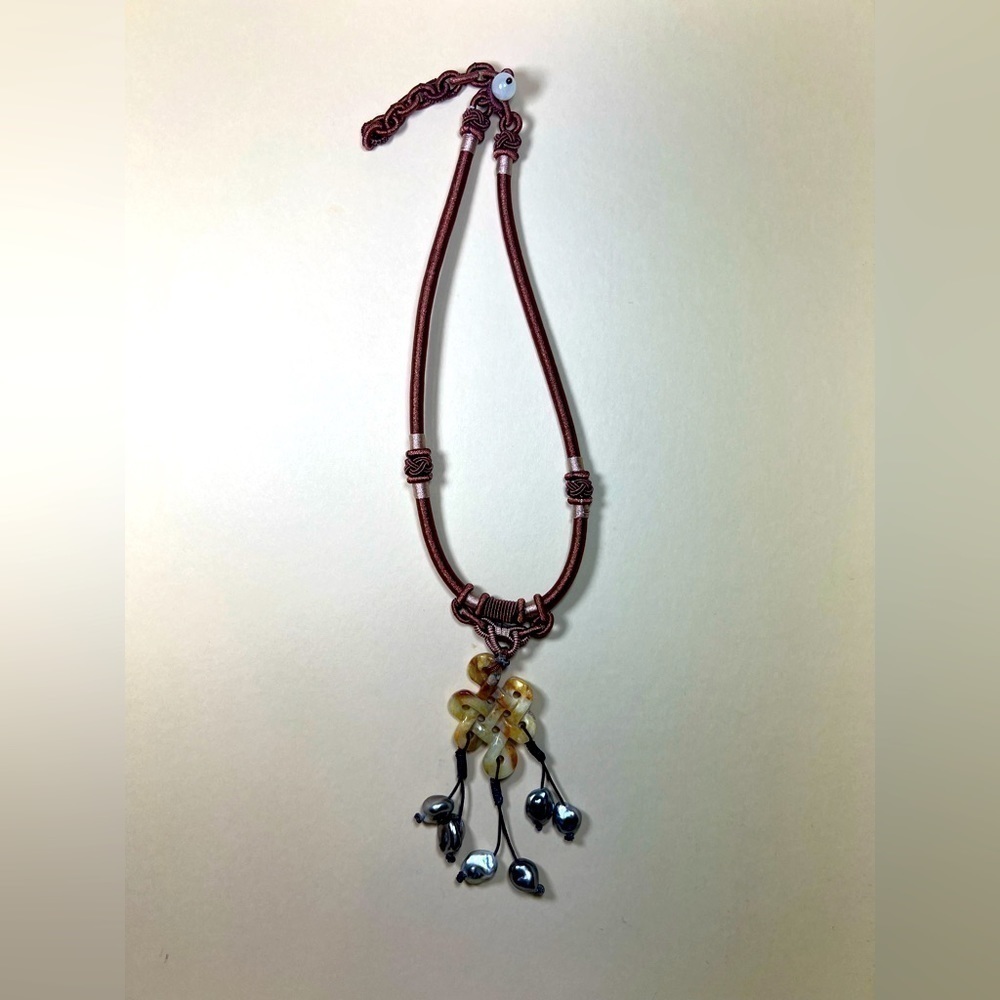 Carved Agate Infinite Knot and Tahitian Pearls with Silk woven Chain Necklace - Picture 2 of 9